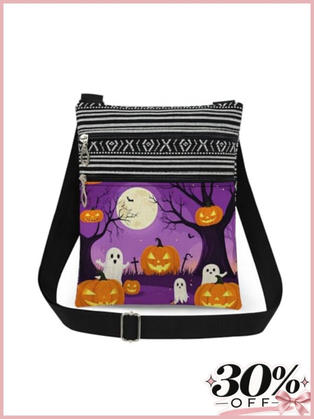 Halloween Crossbody Bag Cute Ghosts Pumpkins Full Moon Bats Adjustable Strap